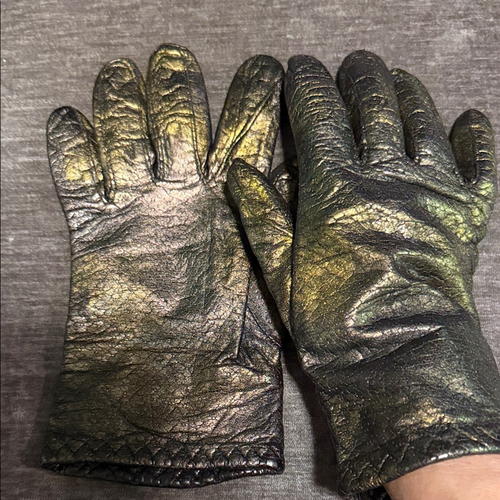 Elegant Gold ,Green and Black Leather Gloves,Hand Painted with Exclusive Paint.